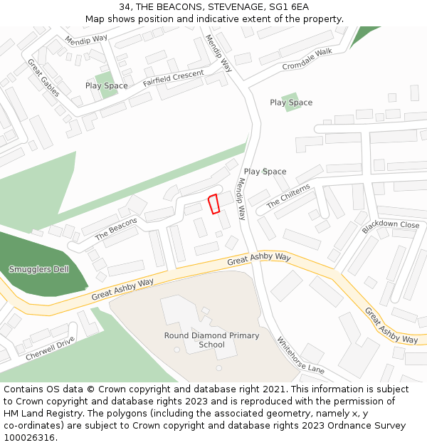 34, THE BEACONS, STEVENAGE, SG1 6EA: Location map and indicative extent of plot