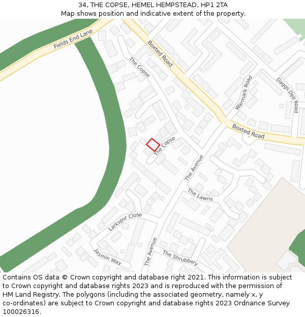 34, THE COPSE, HEMEL HEMPSTEAD, HP1 2TA: Location map and indicative extent of plot