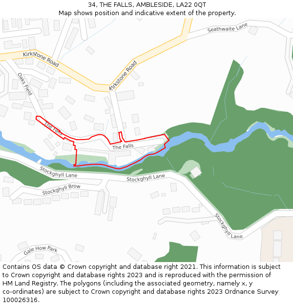 34, THE FALLS, AMBLESIDE, LA22 0QT: Location map and indicative extent of plot