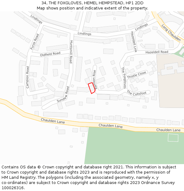 34, THE FOXGLOVES, HEMEL HEMPSTEAD, HP1 2DD: Location map and indicative extent of plot