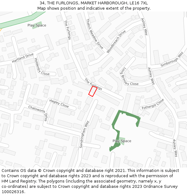 34, THE FURLONGS, MARKET HARBOROUGH, LE16 7XL: Location map and indicative extent of plot