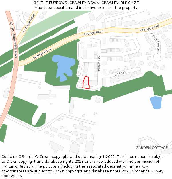 34, THE FURROWS, CRAWLEY DOWN, CRAWLEY, RH10 4ZT: Location map and indicative extent of plot