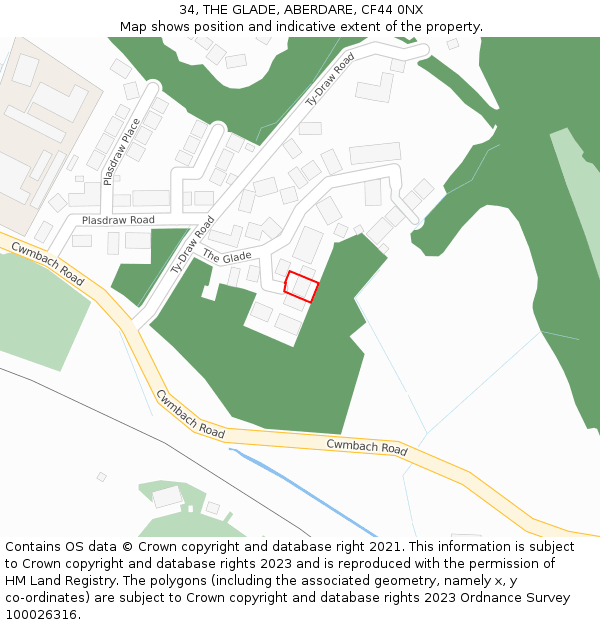 34, THE GLADE, ABERDARE, CF44 0NX: Location map and indicative extent of plot