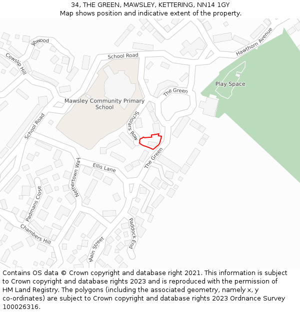 34, THE GREEN, MAWSLEY, KETTERING, NN14 1GY: Location map and indicative extent of plot