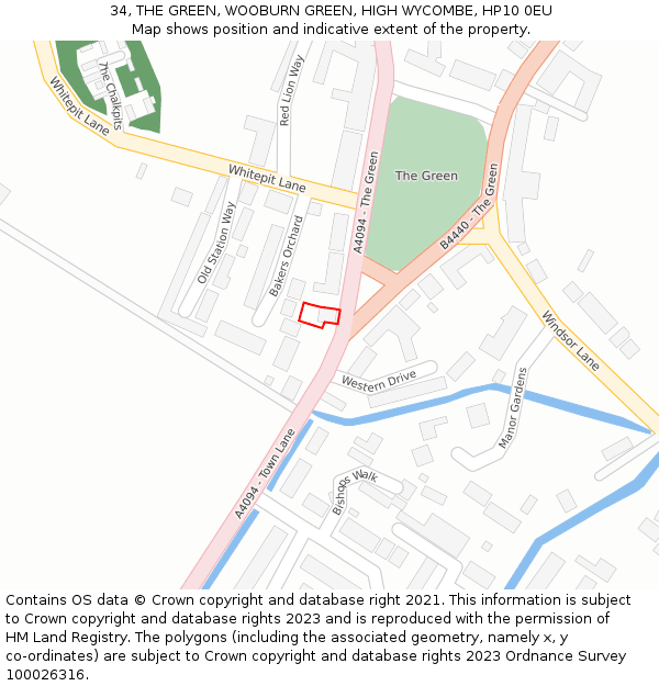 34, THE GREEN, WOOBURN GREEN, HIGH WYCOMBE, HP10 0EU: Location map and indicative extent of plot