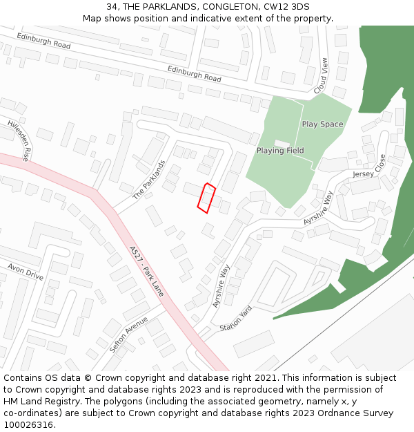 34, THE PARKLANDS, CONGLETON, CW12 3DS: Location map and indicative extent of plot