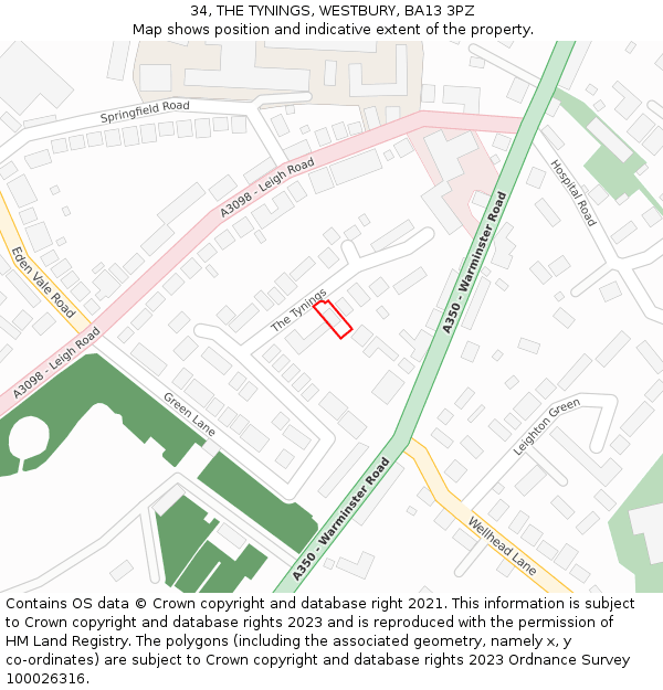 34, THE TYNINGS, WESTBURY, BA13 3PZ: Location map and indicative extent of plot