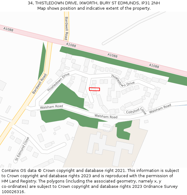 34, THISTLEDOWN DRIVE, IXWORTH, BURY ST EDMUNDS, IP31 2NH: Location map and indicative extent of plot