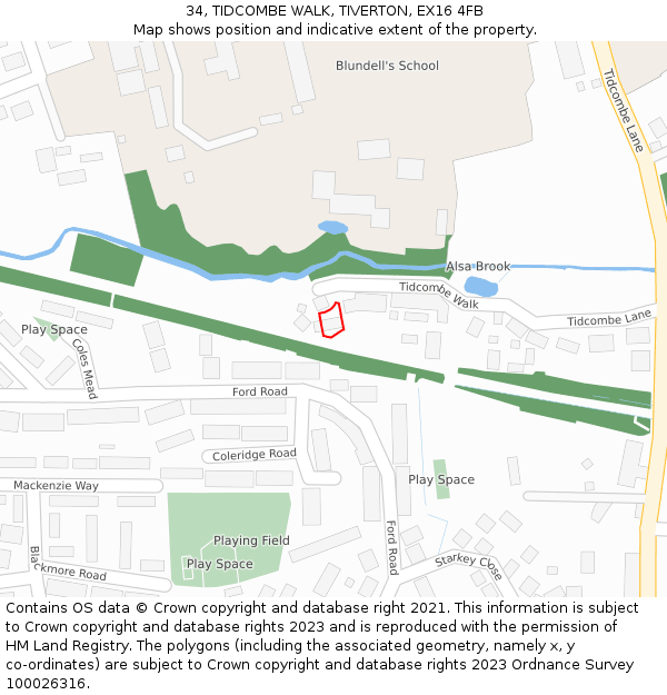 34, TIDCOMBE WALK, TIVERTON, EX16 4FB: Location map and indicative extent of plot