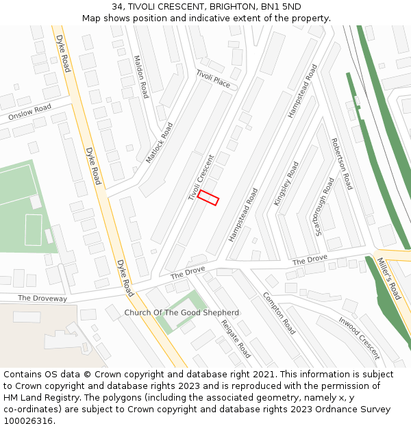 34, TIVOLI CRESCENT, BRIGHTON, BN1 5ND: Location map and indicative extent of plot
