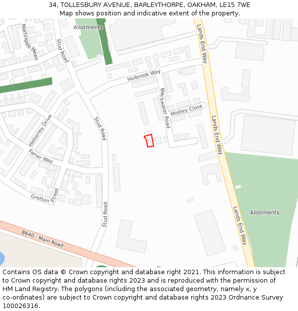 34, TOLLESBURY AVENUE, BARLEYTHORPE, OAKHAM, LE15 7WE: Location map and indicative extent of plot