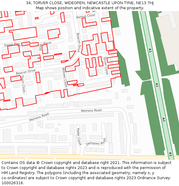 34, TORVER CLOSE, WIDEOPEN, NEWCASTLE UPON TYNE, NE13 7HJ: Location map and indicative extent of plot