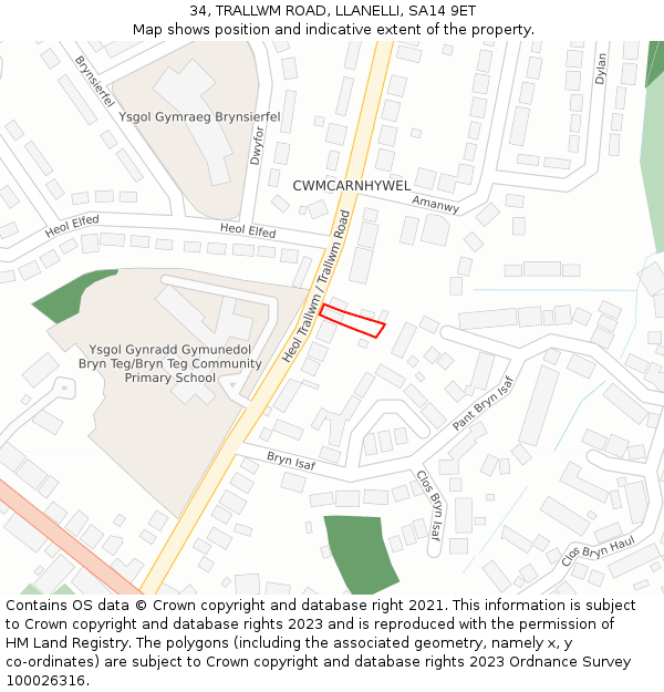 34, TRALLWM ROAD, LLANELLI, SA14 9ET: Location map and indicative extent of plot