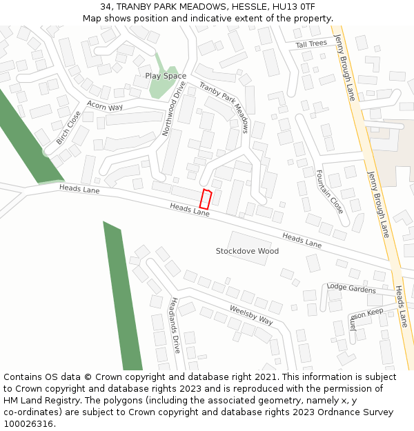 34, TRANBY PARK MEADOWS, HESSLE, HU13 0TF: Location map and indicative extent of plot