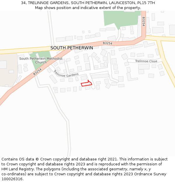 34, TRELINNOE GARDENS, SOUTH PETHERWIN, LAUNCESTON, PL15 7TH: Location map and indicative extent of plot