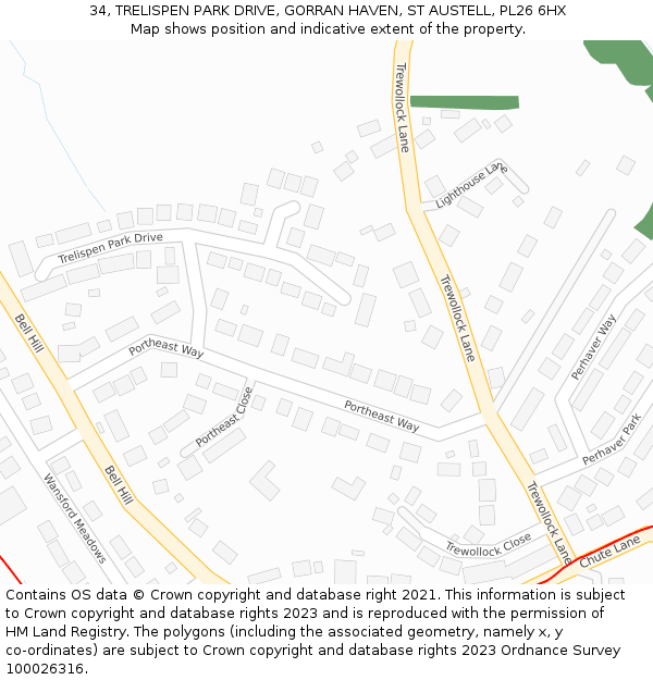 34, TRELISPEN PARK DRIVE, GORRAN HAVEN, ST AUSTELL, PL26 6HX: Location map and indicative extent of plot