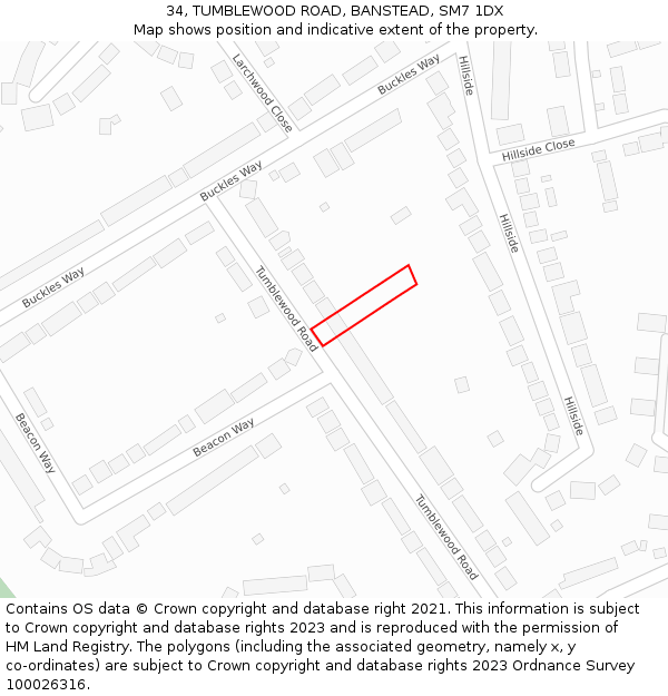 34, TUMBLEWOOD ROAD, BANSTEAD, SM7 1DX: Location map and indicative extent of plot