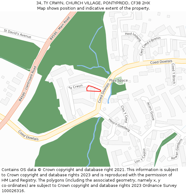 34, TY CRWYN, CHURCH VILLAGE, PONTYPRIDD, CF38 2HX: Location map and indicative extent of plot
