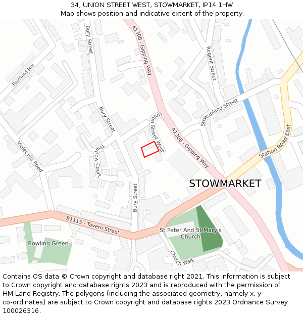 34, UNION STREET WEST, STOWMARKET, IP14 1HW: Location map and indicative extent of plot