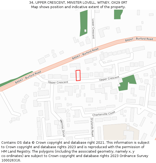 34, UPPER CRESCENT, MINSTER LOVELL, WITNEY, OX29 0RT: Location map and indicative extent of plot