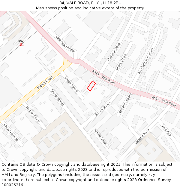 34, VALE ROAD, RHYL, LL18 2BU: Location map and indicative extent of plot