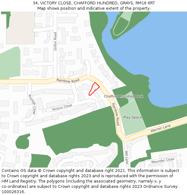 34, VICTORY CLOSE, CHAFFORD HUNDRED, GRAYS, RM16 6RT: Location map and indicative extent of plot