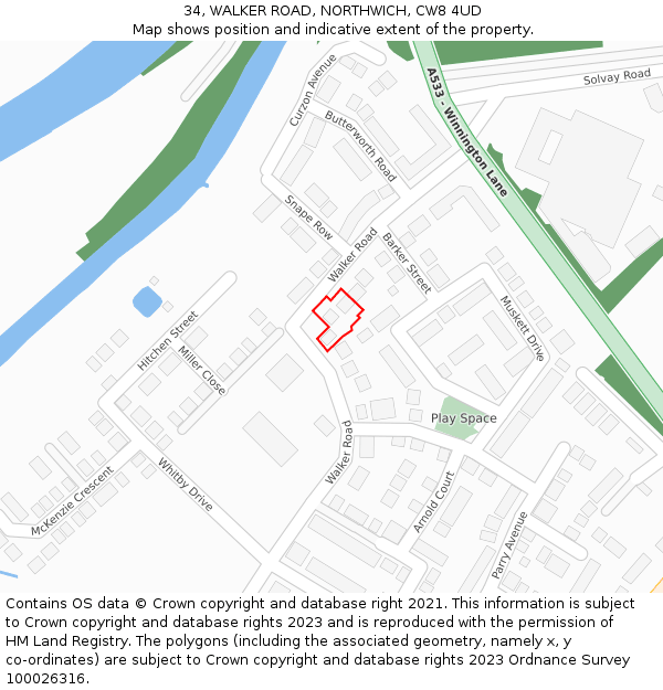 34, WALKER ROAD, NORTHWICH, CW8 4UD: Location map and indicative extent of plot