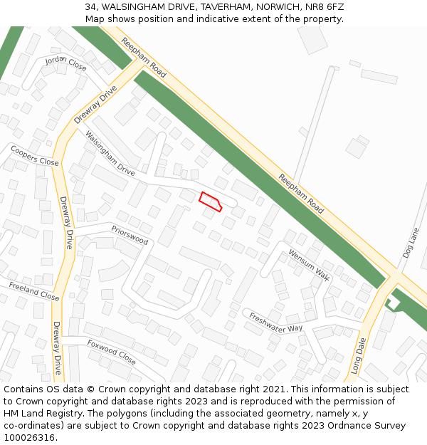 34, WALSINGHAM DRIVE, TAVERHAM, NORWICH, NR8 6FZ: Location map and indicative extent of plot