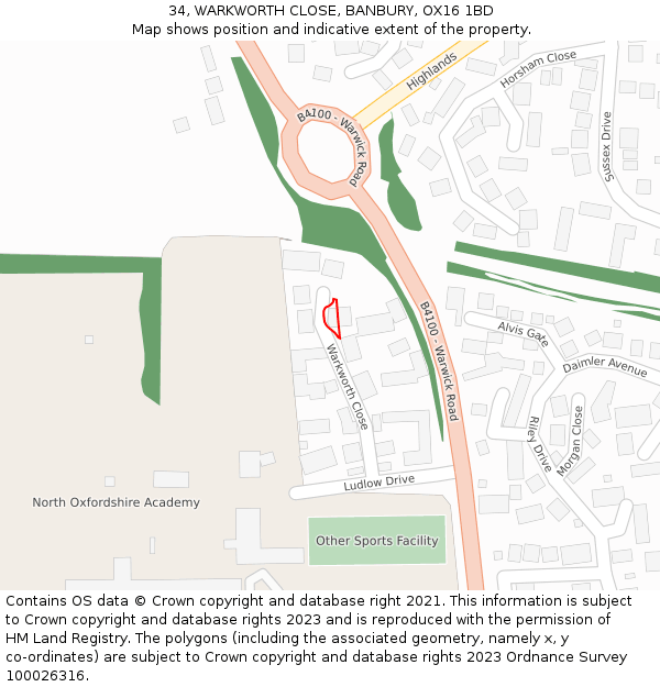 34, WARKWORTH CLOSE, BANBURY, OX16 1BD: Location map and indicative extent of plot