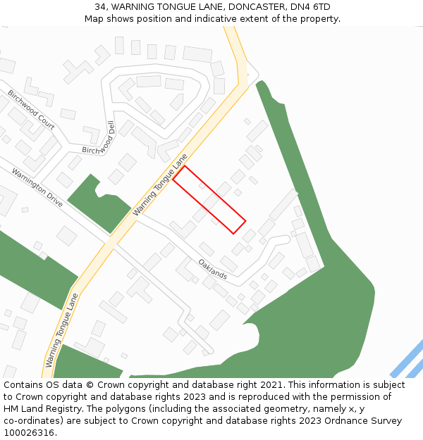 34, WARNING TONGUE LANE, DONCASTER, DN4 6TD: Location map and indicative extent of plot