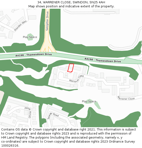 34, WARRENER CLOSE, SWINDON, SN25 4AH: Location map and indicative extent of plot