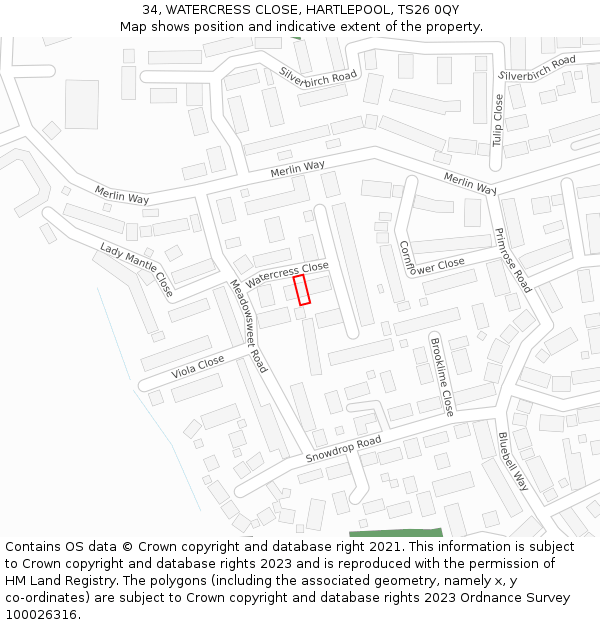 34, WATERCRESS CLOSE, HARTLEPOOL, TS26 0QY: Location map and indicative extent of plot