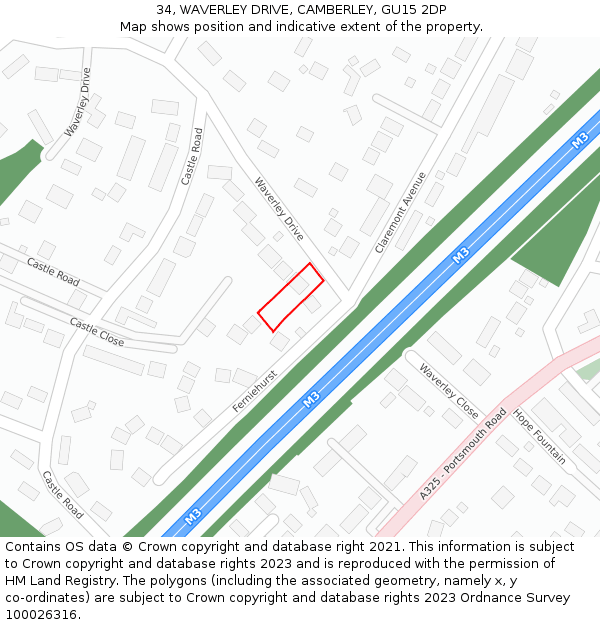 34, WAVERLEY DRIVE, CAMBERLEY, GU15 2DP: Location map and indicative extent of plot