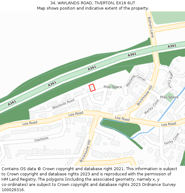 34, WAYLANDS ROAD, TIVERTON, EX16 6UT: Location map and indicative extent of plot