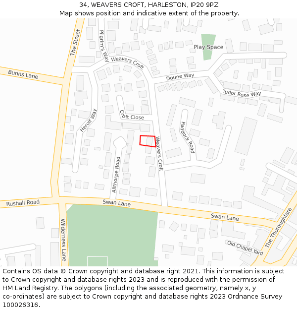 34, WEAVERS CROFT, HARLESTON, IP20 9PZ: Location map and indicative extent of plot