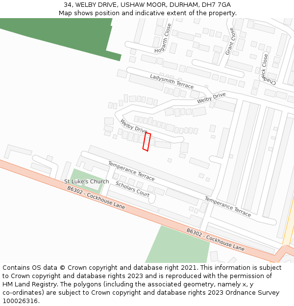 34, WELBY DRIVE, USHAW MOOR, DURHAM, DH7 7GA: Location map and indicative extent of plot