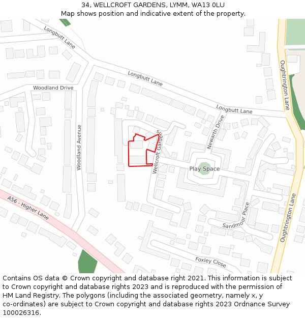 34, WELLCROFT GARDENS, LYMM, WA13 0LU: Location map and indicative extent of plot