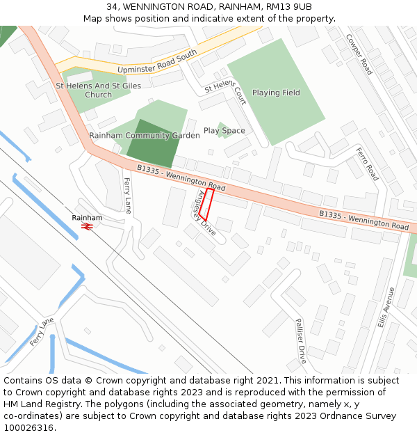 34, WENNINGTON ROAD, RAINHAM, RM13 9UB: Location map and indicative extent of plot