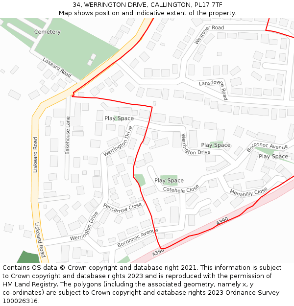 34, WERRINGTON DRIVE, CALLINGTON, PL17 7TF: Location map and indicative extent of plot