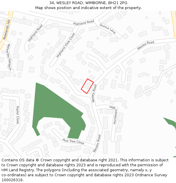 34, WESLEY ROAD, WIMBORNE, BH21 2PG: Location map and indicative extent of plot