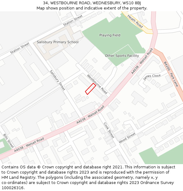 34, WESTBOURNE ROAD, WEDNESBURY, WS10 8BJ: Location map and indicative extent of plot