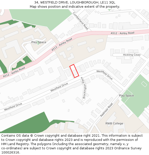 34, WESTFIELD DRIVE, LOUGHBOROUGH, LE11 3QL: Location map and indicative extent of plot