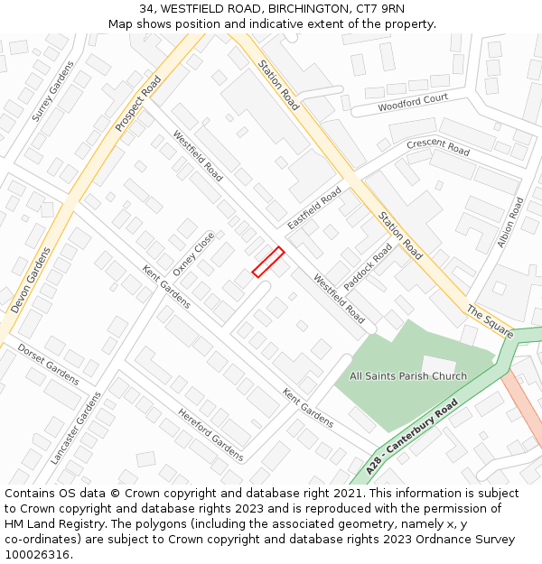 34, WESTFIELD ROAD, BIRCHINGTON, CT7 9RN: Location map and indicative extent of plot