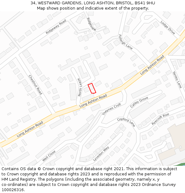 34, WESTWARD GARDENS, LONG ASHTON, BRISTOL, BS41 9HU: Location map and indicative extent of plot