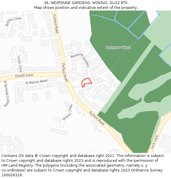 34, WEXFENNE GARDENS, WOKING, GU22 8TX: Location map and indicative extent of plot