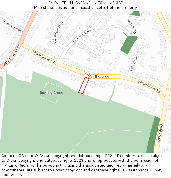 34, WHITEHILL AVENUE, LUTON, LU1 3SP: Location map and indicative extent of plot