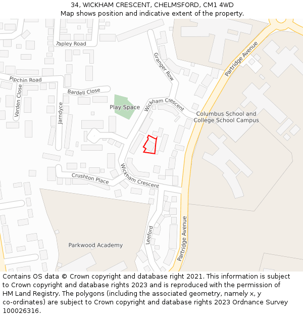 34, WICKHAM CRESCENT, CHELMSFORD, CM1 4WD: Location map and indicative extent of plot