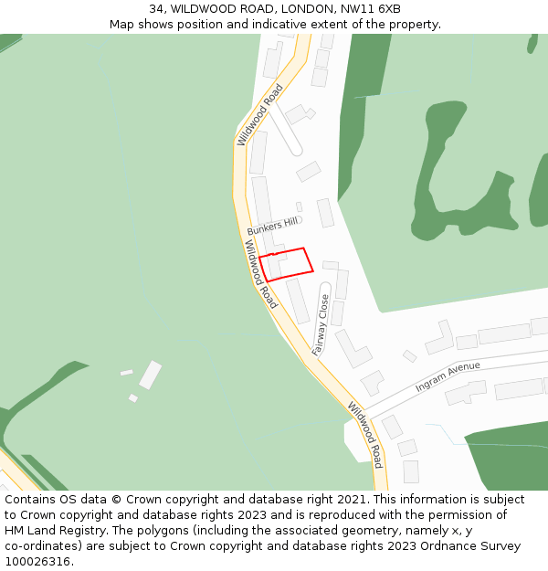 34, WILDWOOD ROAD, LONDON, NW11 6XB: Location map and indicative extent of plot