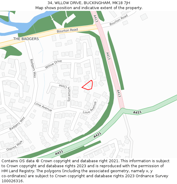 34, WILLOW DRIVE, BUCKINGHAM, MK18 7JH: Location map and indicative extent of plot