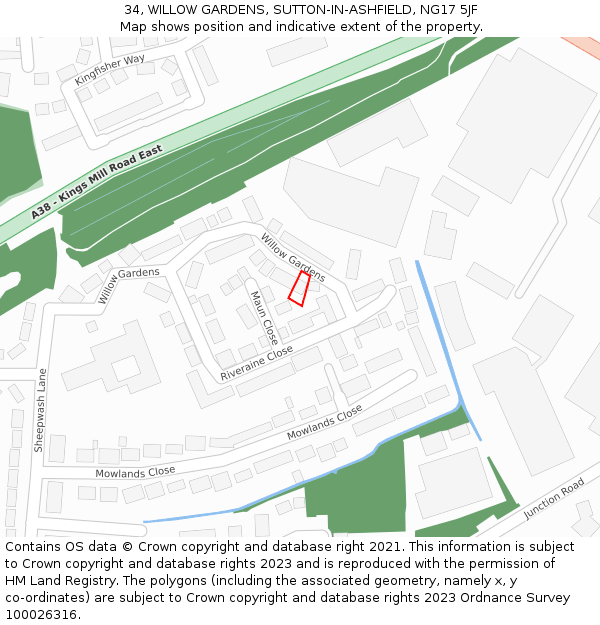 34, WILLOW GARDENS, SUTTON-IN-ASHFIELD, NG17 5JF: Location map and indicative extent of plot